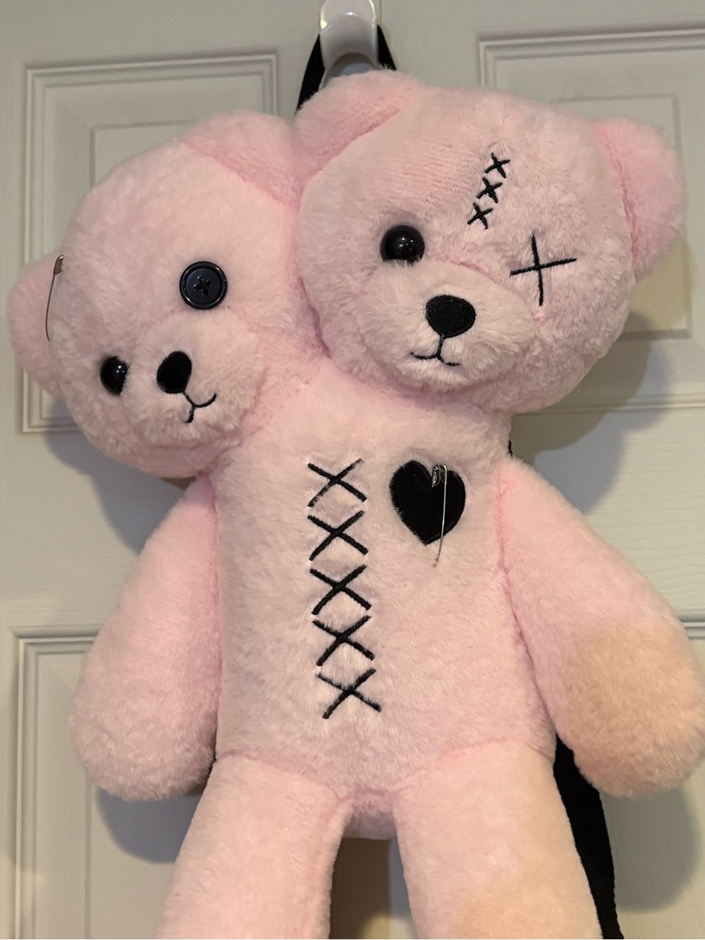 NEW Hot Topic Pink Plush Double-Head Teddy Backpack with Black Stitch Heart NWT